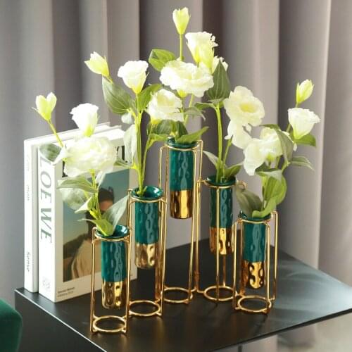 European-style Metal Frame Ceramic Hydroponic Vase Creative Foldable Vase Living Room Desktop TV Cabinet Decoration Wedding Gift