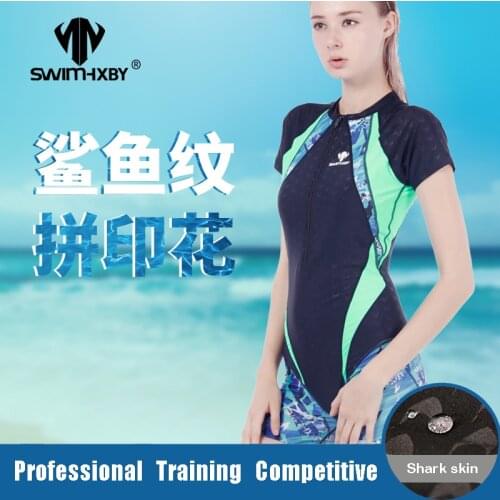 HXBY Swimwear Female Swimsuit One Piece Training Zip Short Sleeve Boy Leg Swimsuit For Girls Racing Swimming Suit Plus Size 5XL