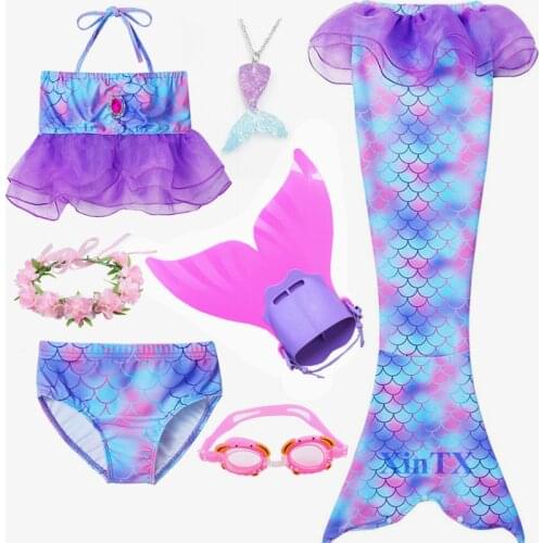 4Pieces Girls Swimming Mermaid Tail Cosplay Mermaid Costume Swimsuit With Monofin Fin Flipper Children Swimwear Set