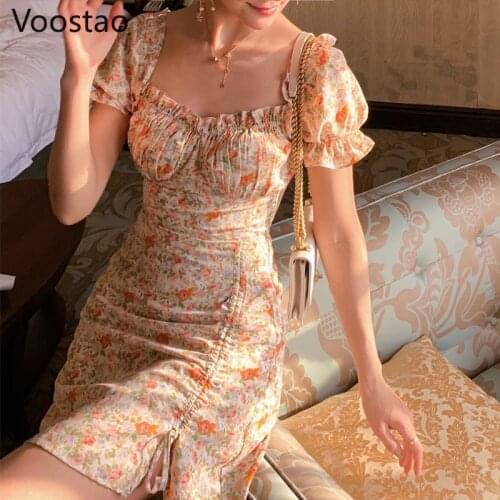 Summer Sweet Elegant Dress Women Sexy Chic Square Collar Floral Print Split Dress Female Cute Puff Sleeve Holiday Party Dresses