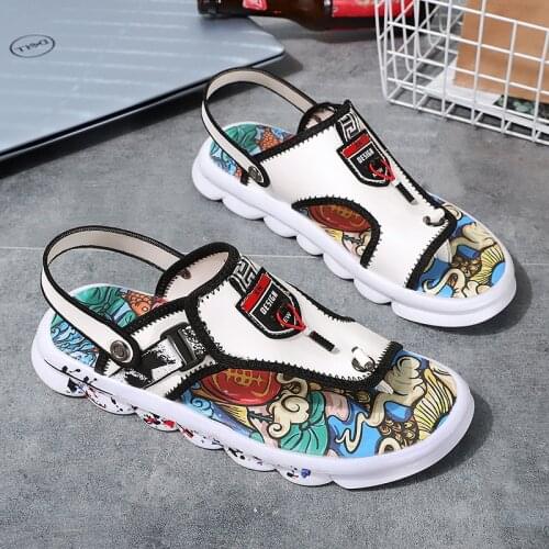 New Chinese Style Sandals Men Graffiti Printed Slippers Comfort Pinch Sandals Men Outdoor Casual Beach Slippers Mens Flip-flops