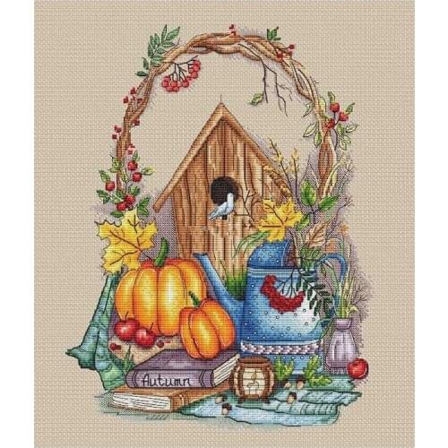 11/14/16/18/22/25/28ct Counted Cross Stitch Kit Autumn fruits pumpkin Bird nest Garden kettle Maple leaf Twig wreath