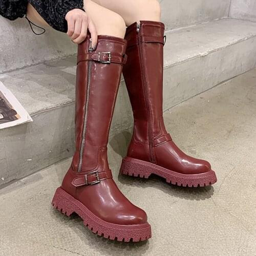 New 2021 Women Knee High Boots Female Round Toe Platform Shoes Spring Autumn Fashion Zipper Shoes Ladies Modern Motorcycle Boots