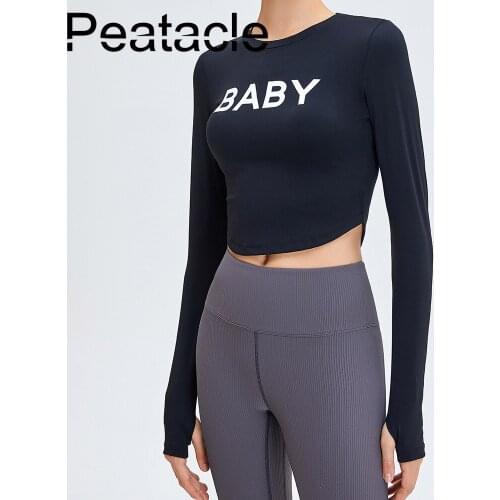 Peatacle Yoga Clothes Womens Long-sleeved Baby Letters Tight-fitting Nude Skin-friendly Sports Top