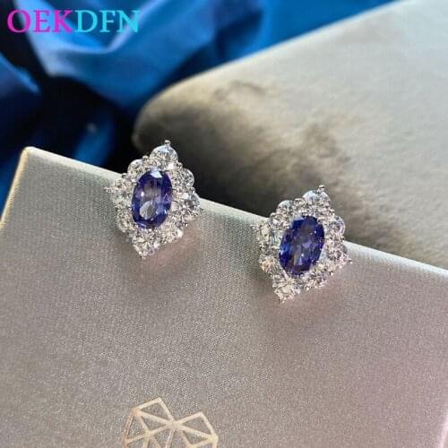 OEKDFN Pure 925 Sterling Silver Stud Earrings For Women Dropwater Sparkling Sapphire Gemstone Party Wedding Fine Jewelry Gift