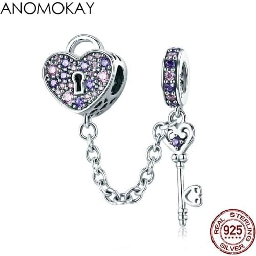 Anomokay Genuine 925 Sterling Silver Pink CZ Key of Heart Lock Chain Charm for Bead Bracelet & Bangle Chain S925 Silver Jewelry