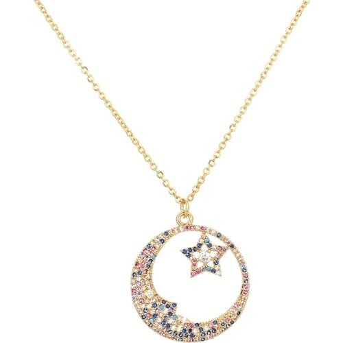Rainbow Cz star moon Necklace Pendant Choker Colorful Copper snake chain Necklace Jewelry zircons Accessories gift for Women