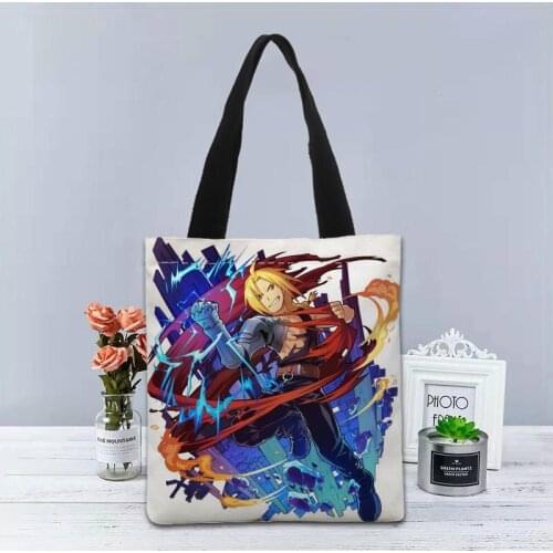 Custom Logo Fullmetal Alchemist Printed Handbag Canvas Tote Bags Shopping Travel Casual Useful Shoulder Bag Women Bag 1208