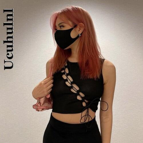 Ucuhulnl Hollow Out Bandage Black Crop Tops Mall Goth Y2K Lace-Up Ribbed O-neck Sleeveless Tank Tops Streetwear Clothes