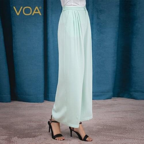 VOA Mint Green Heavy Silk 30m with White Edges Elastic Middle Waist Oblique Pocket Pleat Maka Long Kuan Leg Pants K1058