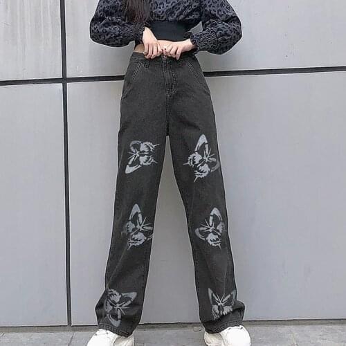 Womens High-waist Straight-leg Jeans with Butterfly Print Mopping Loose Wide-leg Pants HSJ88