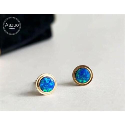 Aazuo 18K Yellow Gold Real Natural Opal Stud Earrings For Woman Girls Double Circle Earring For Wedding Engagement Party