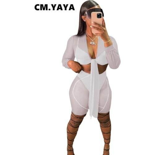 CM.YAYA Women Set Solid Mesh Full Sleeve Crop Tops and Bra Paties Stretchy Shorts Four 4 Piece Sets Sexy Night Outfits Summer