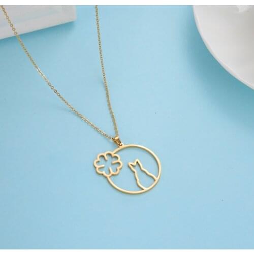 Sipuris Cute Cat Necklace Stainless Steel Clover Flower Animal Necklace For Women Fashion Jewelry Accessories Christmas Gift