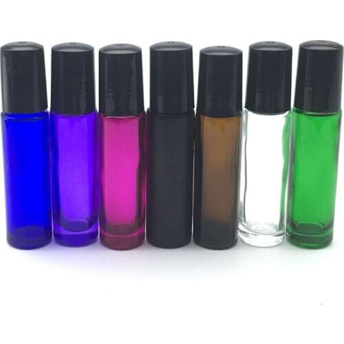 20pcs 10ml Colorful Perfume Roller Glass Bottle Empty 10cc Essential Oil Sample Roll-On Black Plastic Cap Container