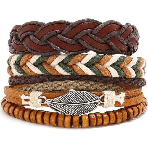 3PCS/Set DIY Rope Leather Braided leaves Bracelet Bangle Set For Man Woman Adjustable Wood Bead Wristband Jewelry Gift Wholesale