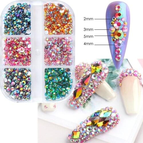 6 Grid Resin Diamond Nail Symphony AB Diamond Flat Diamond Nail Art Jewelry Set Rhinestone Size Mix DIY Nail Art Diamond Jewelry