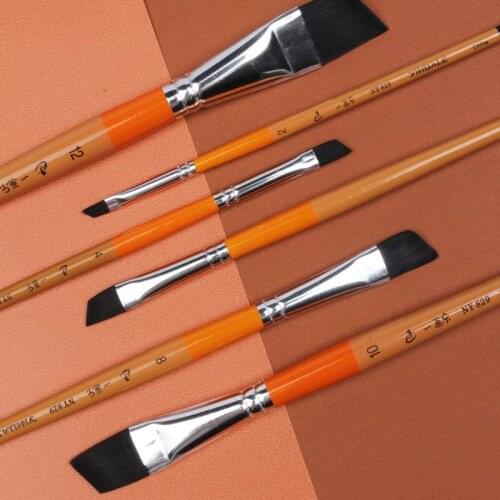 6 pcs set high quality short-wood pole oblique head paint brush gouache water painting black nylon hair acrylic oil painting pen