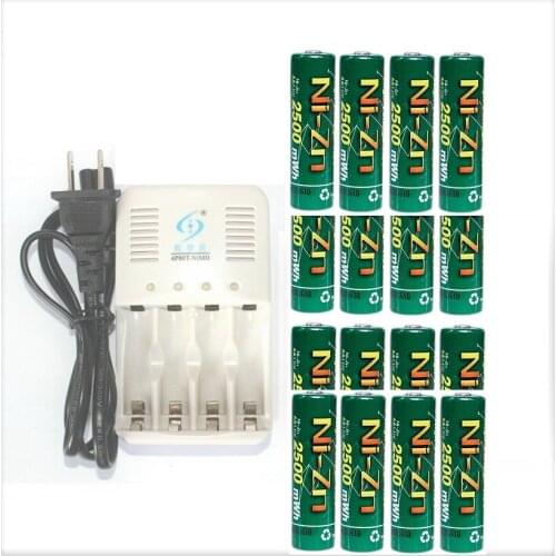 High Power 16Pcs NiZn Ni-Zn 1.6V AA 2500mWh Rechargeable Battery + NiZn smart Charger