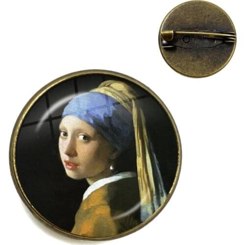 Charm Girl Wearing Pearl Johannes Vermeer Art Oil Painting Brooches 20/25mm Glass Cabochon Collar Pins Badge Jewelry For Gift