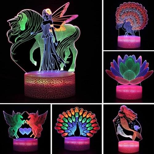 Touch Sensor LED 3d Light 3colors Change Led Night Light for Children Fariy Peacock Unicorn Nightlight Table Lamp for Xmas Gifts