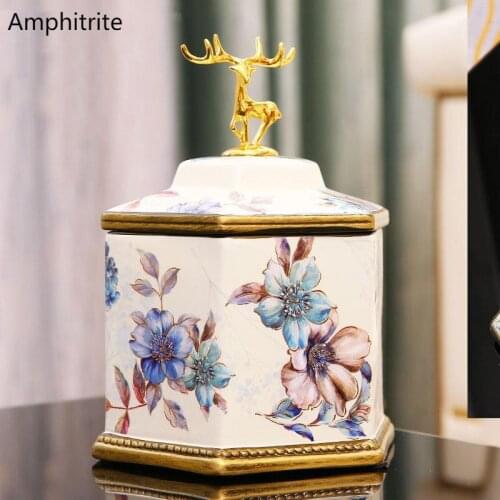 Europeanstyle Ceramic Storage Jar Alce Metal Decoration Creative Cover Storage Box Sweet Tin Tea Box Jewelry Home Food Container
