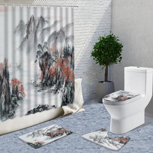 Chinese Wind And Ink Landscape Painting Shower Curtains Luxury Polyester Cloth Bathroom Curtain Hook Set Bath Rug Mat Home Decor
