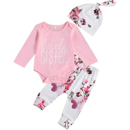 3pcs Baby Girl’s Clothes Unique Letter Long Sleeve Romper and Flower Long Pants with Hat Autumn Baby Clothing