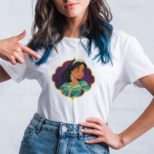 Disney Summer New Products Lady T Shirts Short Sleeve Black Tees Trend Princess Jasmine Pattern Tshirts Harajuku Tops For Women