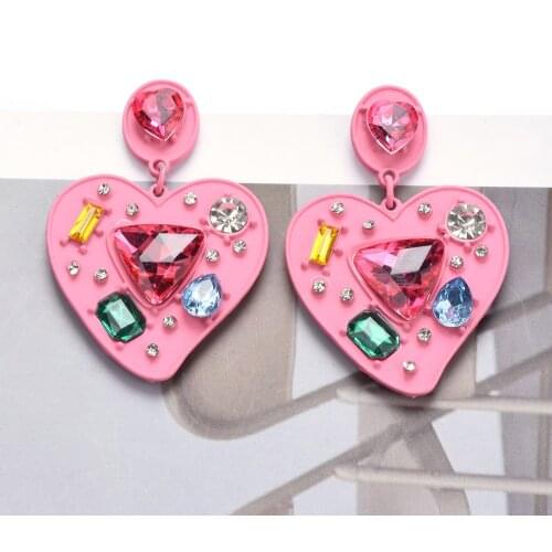 Fashion Pink Heart Shape Drop Earrings Women Luxury Inlay Glass Crystal Earrings Jewelry Accessories Female Brand ZA Earrings
