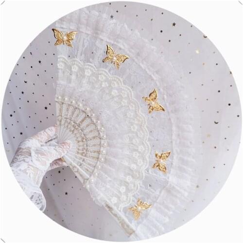Fashion Vintage Lace Fan Handmade Lolita Pearl Gold Butterfly Harajuku Gothic Model Photo Studio Shoot Wedding Handheld Prop