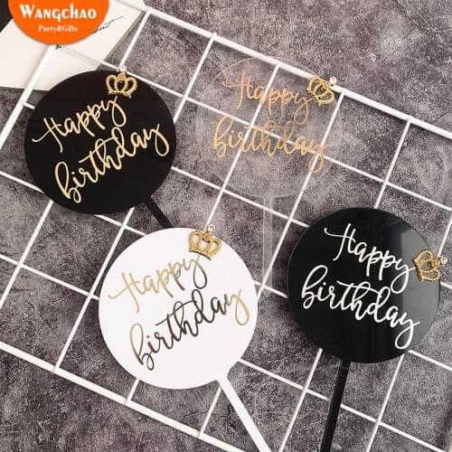 New Acrylic Round Crown Happy Birthday Cake Topper King Queen Prince Princess Royal Theme Cake Decoration Party Supplies