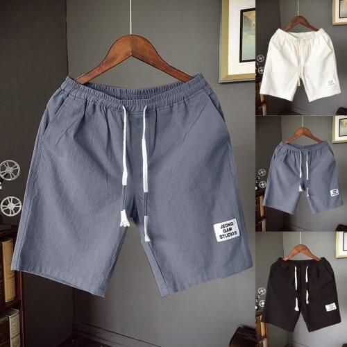 2021 New Mens Summer Short Fashion Leisure Flax Large Size Loose Belt Drawstring Beach Shorts High Quality Simple Daily Shorts