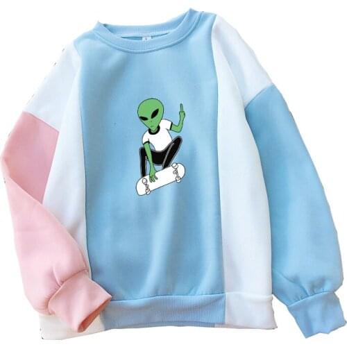 Skateboard Alien Cartoon Print Hoodie Autumn Winter Fleece Color Block Stitching Sweatshirt Women Harajuku Kawaii Sudaderas Tops