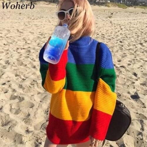 Woherb Harajuku Streetwear 2021 Autumn Rainbow Sweater Women Loose Knitting Pullovers Ladies Vintage Jumper Sueter Mujer 20274