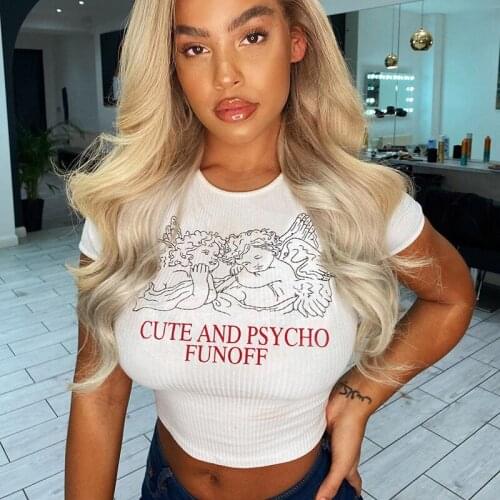 T Shirt Women Angel Cupid Printed White Short Sleeve Top Summer 2020 Cute Sexy Crop Top Vintage Graphic Tee Female Clothes
