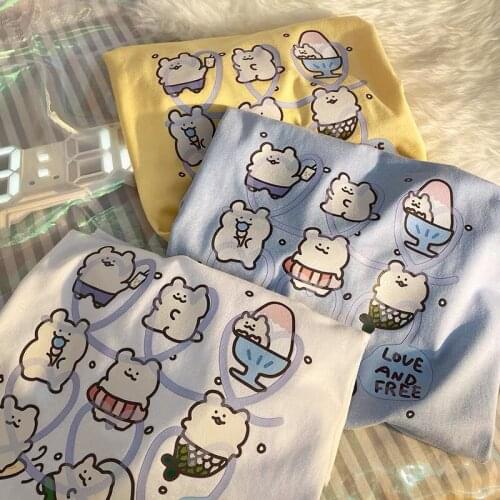 Y2k Women Cotton Short-Sleeved Tees Loose O-Neck Kawaii Graphic T-Shirt Original Cute Cartoon Print Top Female Sweet Streetwear