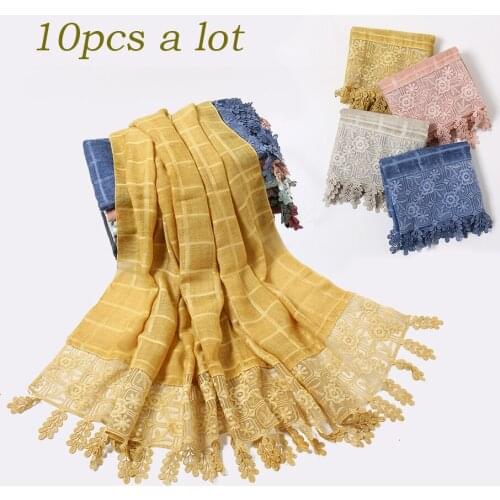 Women embroidered tie-dyed cotton scarf plain floral tassel scarves shawl muslim women hijab plaid cotton hijab wrap 10pcs/Lot