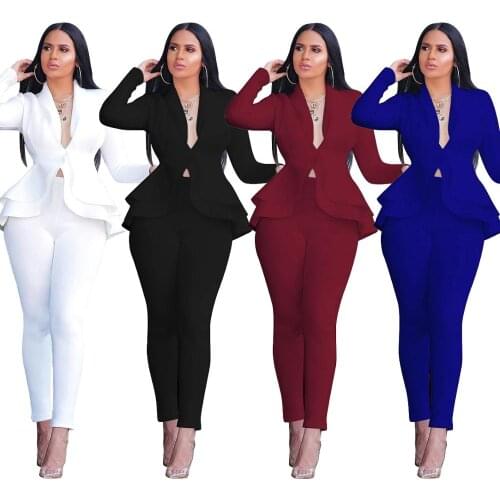 Women Blazer And Pants Elegant Office Suit Slim Trouser Suit Autumn Winter Ruffles Work Pant Suits 2 Pieces Set Female Business