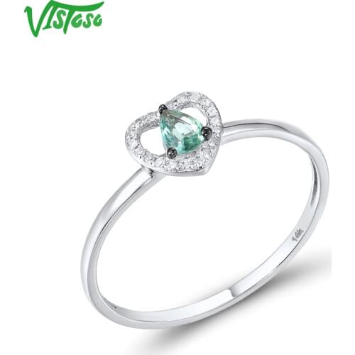 VISTOSO Genuine 14K 585 White Gold Rings For Women Sparkling Emerald Diamond Stackable Rings Heart Simple Style Fine Jewelry