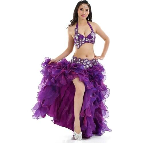 879# Belly Dance Dress Performance Clothes Women Sexy Sequins Tops Yarn Puffy Design Skirt Waist Chain Bellydance Set Suit