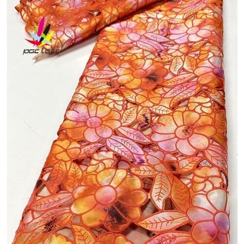 2021 Satin Lace with Print Flower Dress Styles Aso Ebi Guipure Fabric Soft Orange Stones Rhinestone High Quality