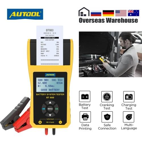 AUTOOL BT660 Car Bettery Tester 12V Bettery Charging Printer Start System Scanner Maximum Load Test with 3 Rolls Printing Paper