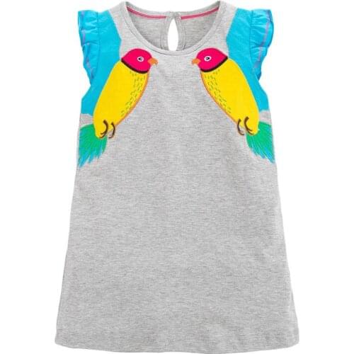 Little Maven New Summer Kids Gray Parrots Appliques 3D Wing O-neck Girls 2-7yrs Short-Sleeved Cotton Knitted Dresses