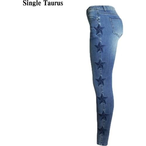 Embroidery Stars Pattern Jeans for Women Fashion Streetwear Pentagram Denim Pant Vaqueros Mujer Bleached Vintage Spodnie Damskie