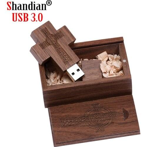SHANDIAN Cross Pen drive 128GB Wooden Box USB Flash Drives 64 gb Free Custom Logo Memory Stick Wood Pendrive Key chain Gifts
