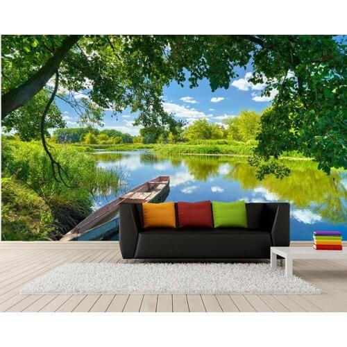 Blue sky clouds river boat green trees landscape 3d wallpaper papel de parede,living room sofa TV wall bedroom restaurant mural