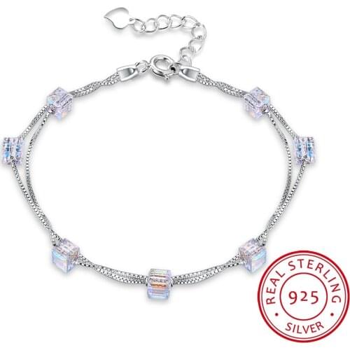 COCOM 925 Sterling Silver Geometric Double-Deck Beads Charms Bracelets with Square Austrian Crystal Fine Jewellry Gift for Women