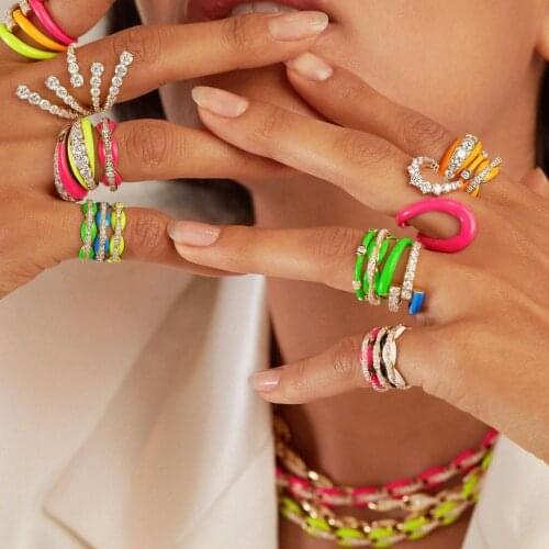 Rainbow Colorful Finger Stacking Bands Gold Color Neon Enamel Cuban Link Chain Shaped Engagement Band Ring