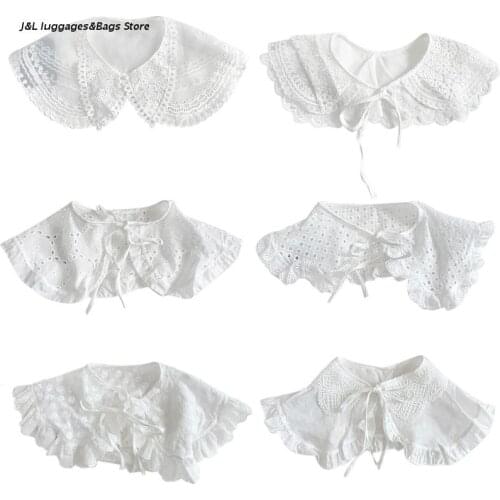 M68C Hollow Out Mesh Decorative Fake Collar Shawl Womens Sweet Ruffles Embroidery White Necklace Half Shirt Lapel Mini Poncho